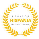 Laurel dorado con el texto "Peritos Hispania, Informes Periciales" en el centro.