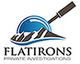 Logo for Flatirons Private Investigations with a magnifying glass over mountains.