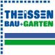 Logo mit blauen und grünen Streifen, Text: THEISSEN BAU+GARTEN, umrahmt von blauen Quadraten.