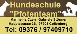 Hundeschule "Pfotenteam" mit Kontaktdaten und Hunden abgebildet auf braun-beigem Hintergrund.