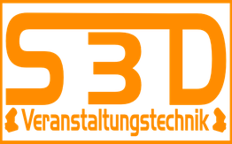 S3D Veranstaltungs­technik Logo in Orange mit stilisiertem Text und Mikrofonen.