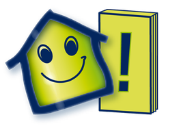 Smiley-Gesicht auf Haus-Symbol neben gelben Ausrufezeichen, blau umrandet.