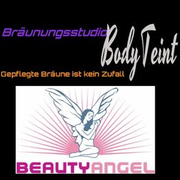 Bräunungsstudio-Logo mit Engelmotiv und Text: "Gepflegte Bräune ist kein Zufall"