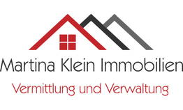 Logo von Martina Klein Immobilien mit roten und grauen Dach-Silhouetten. Texte: Vermittlung und Verwaltung.
