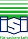 Logo mit grün-weißen Streifen, "ISI" in Blau und Text "Für saubere Luft" darunter.