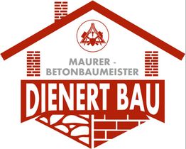 Logo mit einem roten Haus, "Maurer-Betonbaumeister Dienert Bau", Ziegel- und Steinmuster.