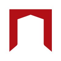 Imagem de um logotipo vermelho com formato geométrico semelhante a um portal.