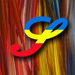 Farbenfrohes abstraktes Muster mit buntem Logo auf rot, blau und gelb gestreiftem Hintergrund.