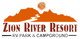 Logo of Zion River Resort RV Park & Campground with a mountain and sun design.