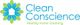 Logo of "Clean Conscience" with green-blue floral design and text on home cleaning.