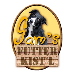 Logo mit einem Hund und dem Text "Sam's Futter Kistl" auf gelbem Hintergrund.