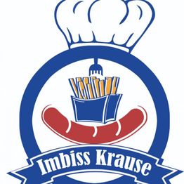 Logo mit Kochmütze, Pommes, Wurst und Text "Imbiss Krause" in Blau und Rot.