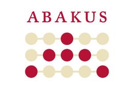 Logo mit dem Wort "ABAKUS" und stilisiertem Abakus darunter in rot und beige.