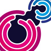 Logo abstrato com círculos concêntricos coloridos em rosa, azul e preto sobre fundo branco.