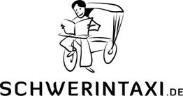 Ein Strichmännchen in einer Rikscha liest eine Zeitung, daneben steht "SCHWERINTAXI.DE".