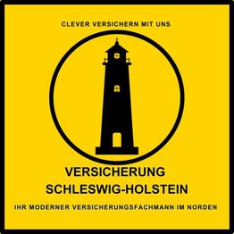 Gelbes Logo mit schwarzem Leuchtturm und Text: "Versicherung Schleswig-Holstein".