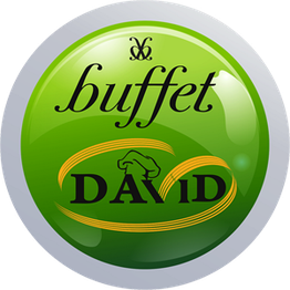 Logotipo do Buffet David com texto estilizado verde e amarelo em um círculo verde brilhante.