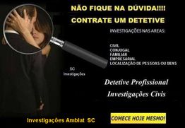 Cartaz de detetive com lupa, promovendo serviços de investigações em várias áreas.