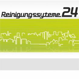Grünes Logo „Reinigungssysteme 24“ mit stilisiertem Stadtbild im Hintergrund.
