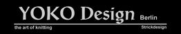 Schwarzes Logo mit Schrift: "YOKO Design Berlin, the art of knitting, Strickdesign".