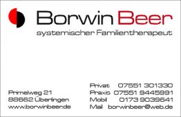 Visitenkarte von Borwin Beer, systemischer Familientherapeut, mit Kontaktdaten und Adresse.