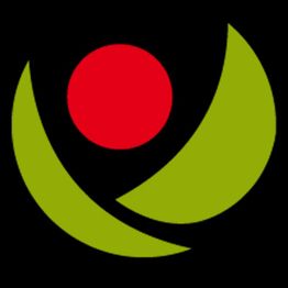 Abstraktes Logo: Roter Kreis über grünen Kurven auf schwarzem Hintergrund.