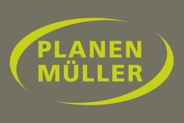 Gelber Text "PLANEN MÜLLER" auf grauem Hintergrund, eingerahmt von zwei gelben Halbkreisen.