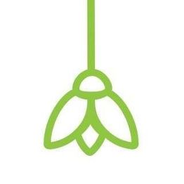 Grünes Blumenlogo mit drei Blütenblättern, die von oben herabhängen.