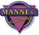 Logo mit der Aufschrift "MANNES' Geizshop" in lila und gelb auf einem dreieckigen Hintergrund.