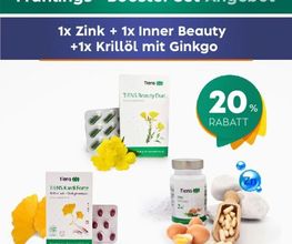 Frühlings-Booster-Set mit Zink, Inner Beauty und Krillöl, 20% Rabatt-Hinweis.