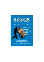 Merkurio Umzugsdienst Flyer mit Kontaktdaten und Silhouette einer Person mit Sackkarre.