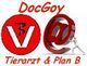 Rotes Logo mit "DocGoy", "Tierarzt & Plan B", symbolisiert mit V und @.