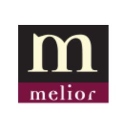Logotipo negro y borgoña con la letra "m" grande y la palabra "melior" debajo.