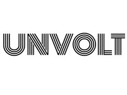 Tekst "UNVOLT" met een gestreept lettertype op een witte achtergrond.