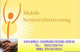Gelbes Banner mit Schrift "Mobile Seniorenbetreuung" und Hand in Hand Symbol. Kontaktdaten unten.