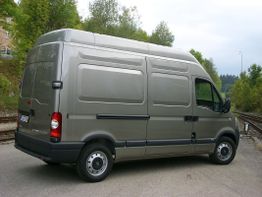 Grauer Lieferwagen parkt auf einem asphaltierten Weg, Bäume im Hintergrund.