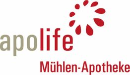 "Logo der apolife Mühlen-Apotheke mit rotem Blütenmuster und Schriftzug in Rot und Grau."