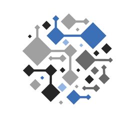 Geometrische Formen in Blau, Schwarz und Grau, die miteinander verbunden sind, auf weißem Hintergrund.