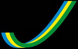 Geschwungener Streifen in grün, gelb und blau auf schwarzem Hintergrund.