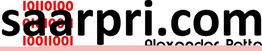 Schriftzug "saarpri.com" in Schwarz und Rot, darunter kleinere Schrift und binäre Zahlen links.