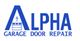 Alpha Garage Door Repair logo in blue with a garage door and cross inside the letter "A".