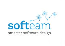 Logo mit Pusteblumen und Text "softteam, smarter software design" in Blau und Schwarz.
