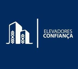Logotipo azul com prédios estilizados e o texto "Elevadores Confiança" em branco.