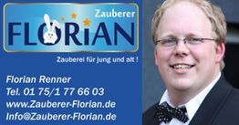 Text zur Zaubershow: Zauberer Florian, Kontaktinformationen, lächelnder Mann im Anzug.