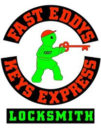 Fast Eddys Keys Express logo with a green figure holding a key and red lettering.