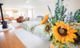 Sunflowers in focus with blurred cozy bedroom, twin beds, and armchairs in the background.
