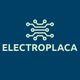 Logotipo de "ELECTROPLACA" con diseño de circuito en fondo azul oscuro.