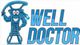Smiling blue water pump character with "Well Doctor" text in blue bold font.