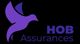 Logo violet de HOB Assurances avec une colombe stylisée sur fond noir.