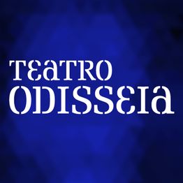 Texto "Teatro Odisseia" em branco sobre fundo azul escuro.